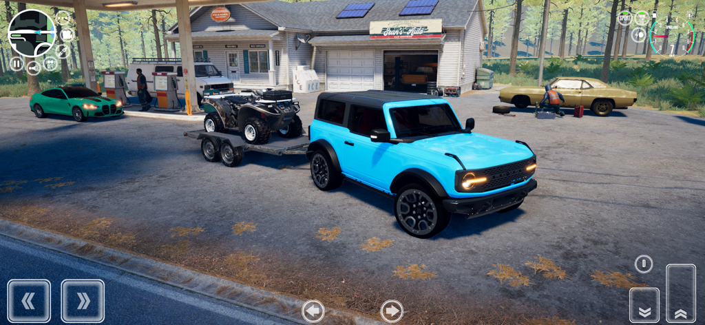 Driving School Simulator : EVO - A blue SUV towing an ATV on a trailer at a roadside gas station and auto shop.