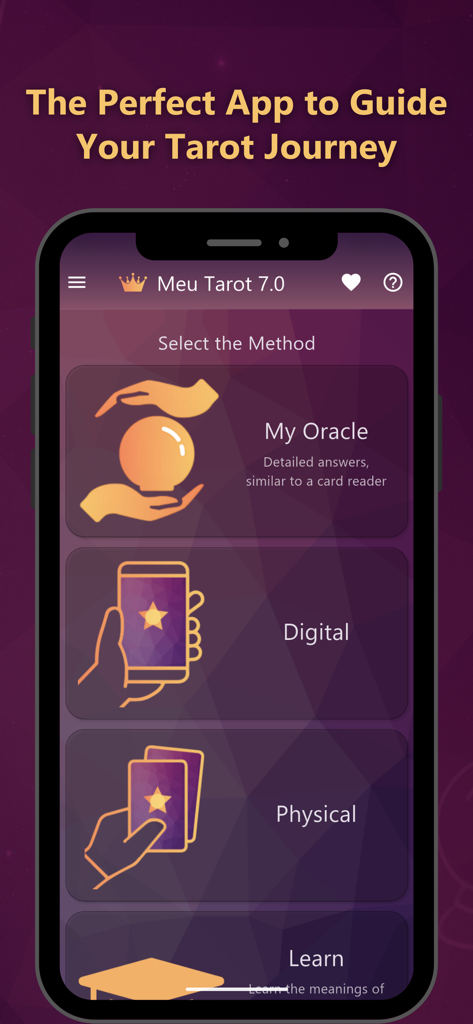Meu Tarot - Uno smartphone che mostra il menu dell'app Meu Tarot con opzioni per letture digitali, stese fisiche e risorse di apprendimento