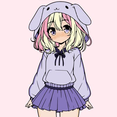 pretty anime girl wearing a fluffy hoodie with bunny ears on the hood and a skirt