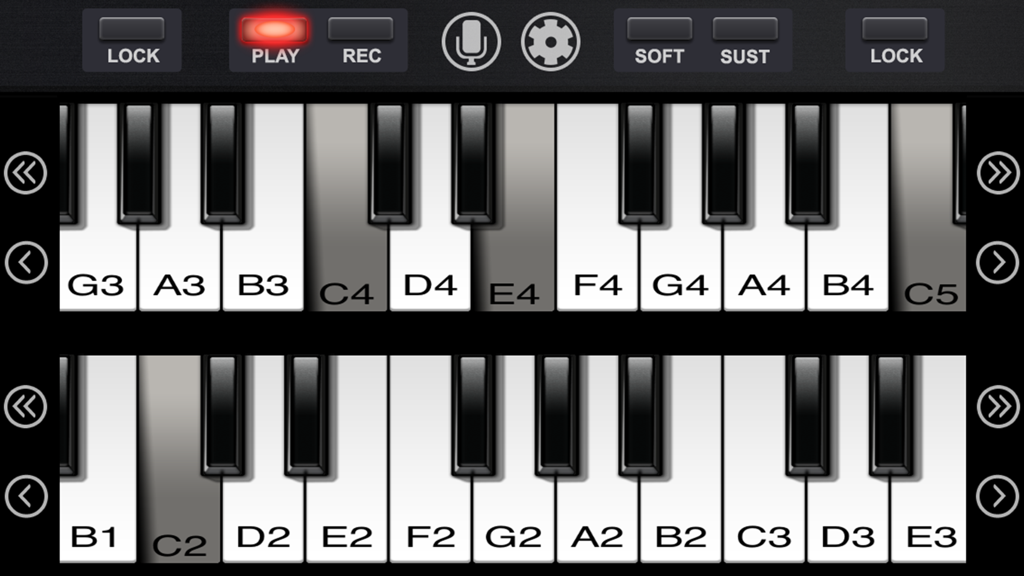 Pianist - Pianist app dual keyboard interface with note labels and recording controls