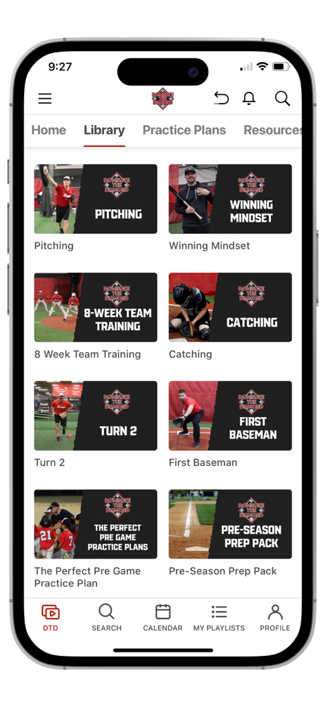 The library screen of the Dominate the Diamond app showcasing baseball and softball coaching videos