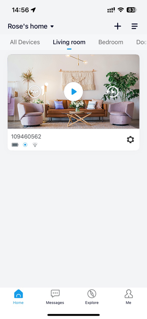 Yes iHome - Yes iHome mobile app interface displaying a live security camera feed of a living room with a brown sofa.
