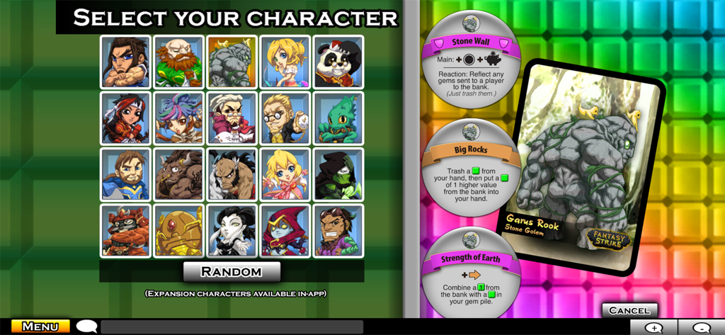 Puzzle Strike - Character selection screen in Puzzle Strike showing the hero roster and Garus Rook details