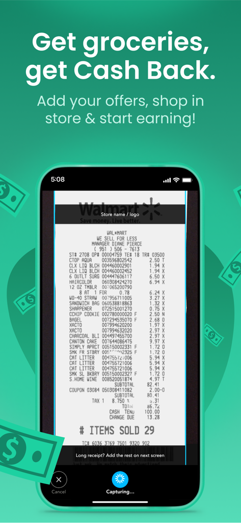 Un teléfono móvil escaneando un recibo de comestibles para ganar reembolsos en la aplicación Checkout 51.
