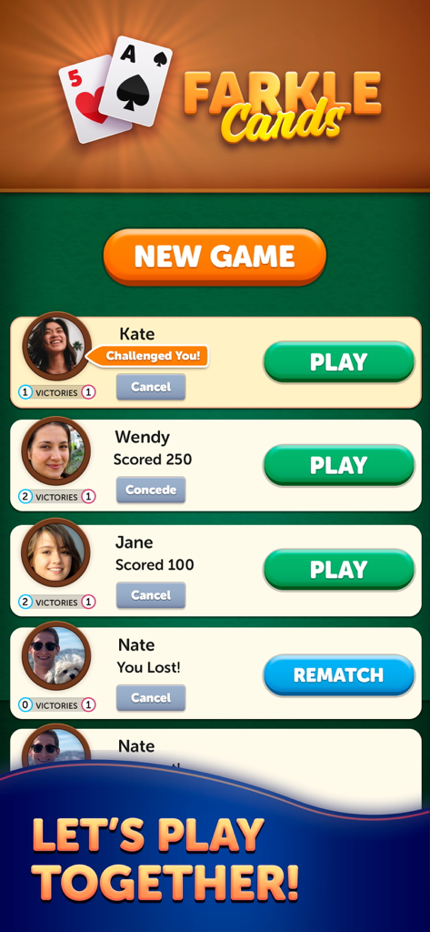 Le menu du jeu Farkle Cards montrant une liste des matchs multijoueurs actifs et des défis sociaux avec d'autres joueurs.