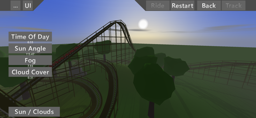 Ultimate Coaster 2 - A 3D roller coaster track in Ultimate Coaster 2 with environmental settings menu for time of day and sun angle.