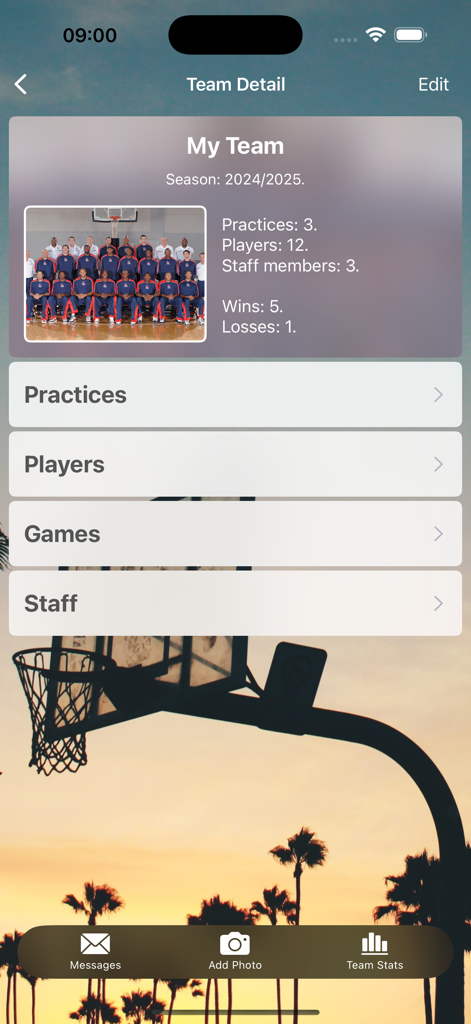 Assistant Coach app team detail screen showing season stats wins losses and management menu for practices and players