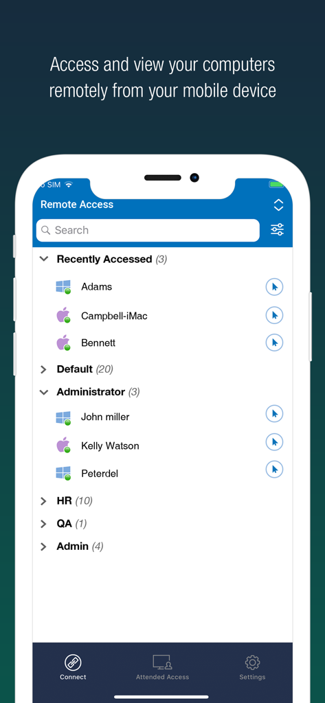 Aplicación móvil RemotePC que muestra una lista de ordenadores remotos categorizados por grupos para un acceso rápido