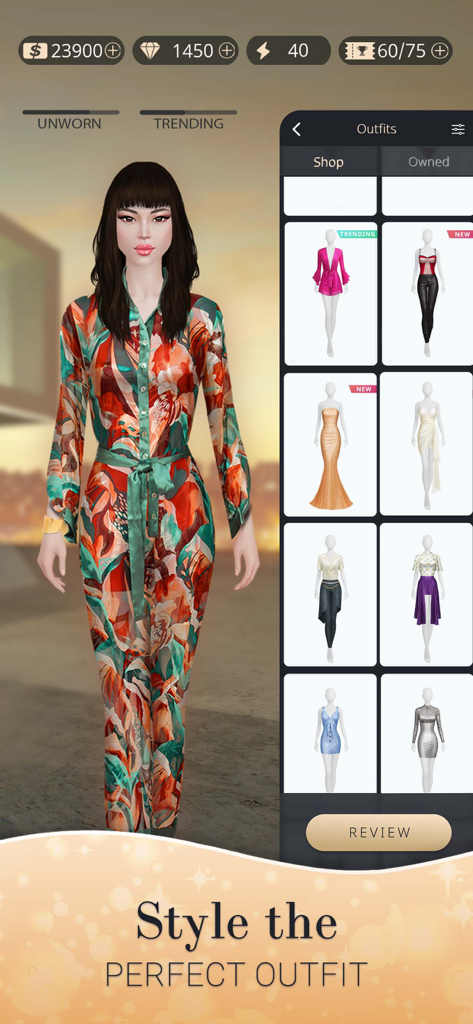 Fashion Nation: Style & Fame - A fashion game interface showing a female avatar in a floral jumpsuit with a sidebar of available outfits to shop or wear.