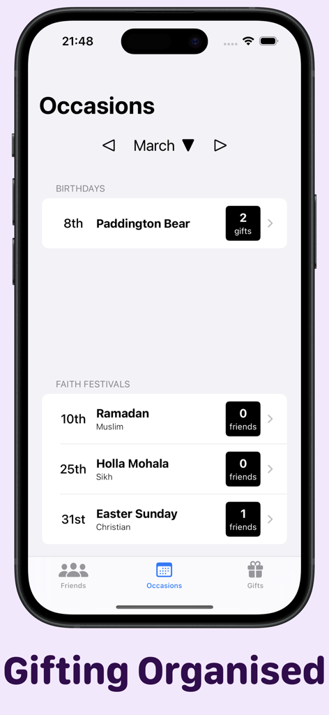 Gifting Planner - Aplicativo Planejador de Presentes mostrando uma visão mensal de aniversários e festivais multiculturais como Ramadã e Páscoa.