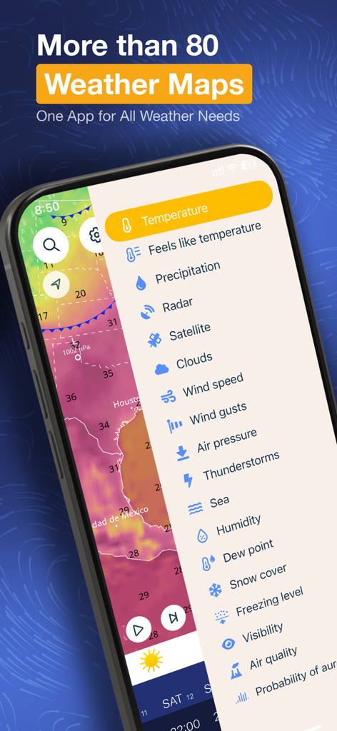 Ventusky: Weather & Live Radar - Smartphone screen showing the Ventusky app with a side menu listing various weather map layers like temperature wind and precipitation over a heat map