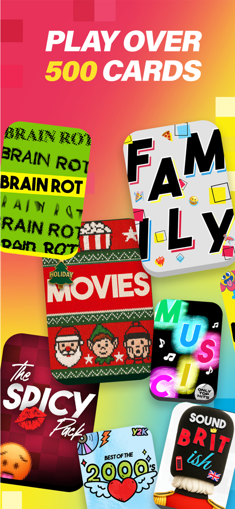 Una variedad de paquetes de cartas temáticas para el juego de fiesta Incohearent, incluyendo Brain Rot y Favoritos de la Familia.