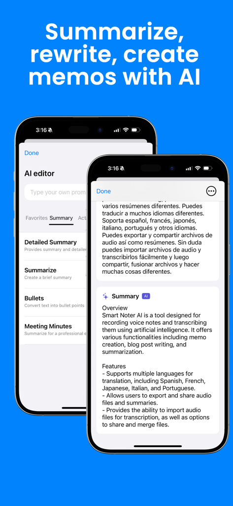 Smart Noter AI: Voice Notes - Smart Noter AI app interface showing AI summarization and memo creation features on iPhone