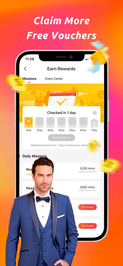 FoxNovel-Read & Story Books - A screenshot of the FoxNovel app showing daily missions to earn free vouchers with a billionaire character in the foreground