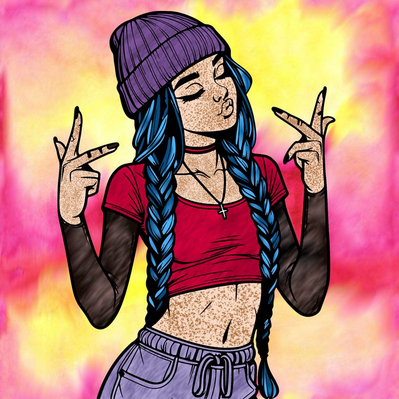 realistic teenage girl with braids and a beanie and crop top doing 🫶🏼