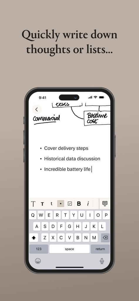 Smartphone mit der reMarkable App-Oberfläche, das eine getippte Liste und handschriftliche Skizzen anzeigt