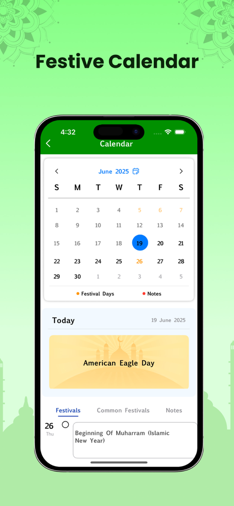 Uzbek Quran app festive calendar interface showing Islamic holidays and event notes