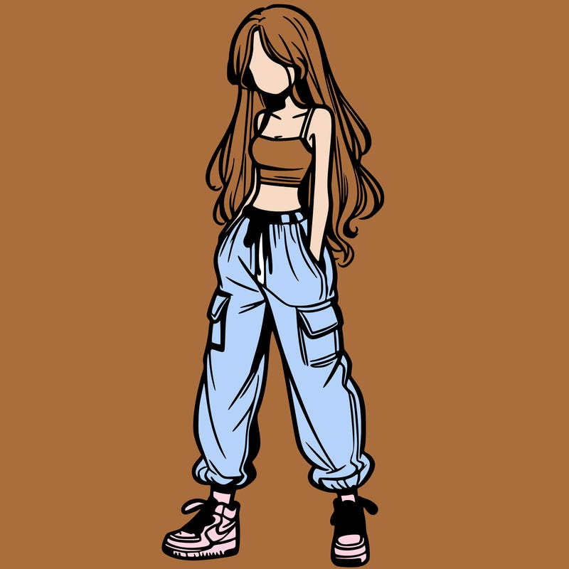 girl in baggy pants crop top and long hair