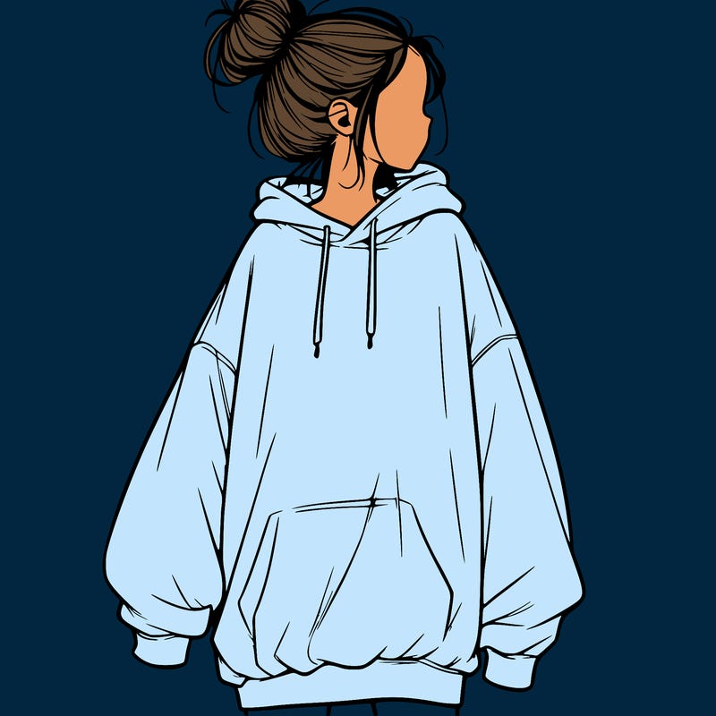 realistic girl with a oversized sweatshirt on and a bun