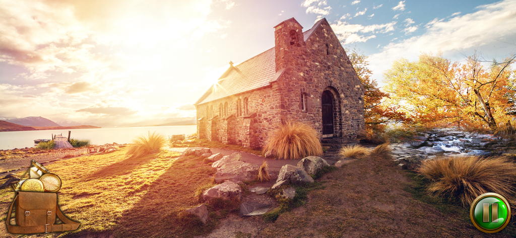 The Lone Survivor - Adventure - Uma igreja de pedra em uma paisagem cênica ao pôr do sol no jogo de apontar e clicar O Sobrevivente Solitário