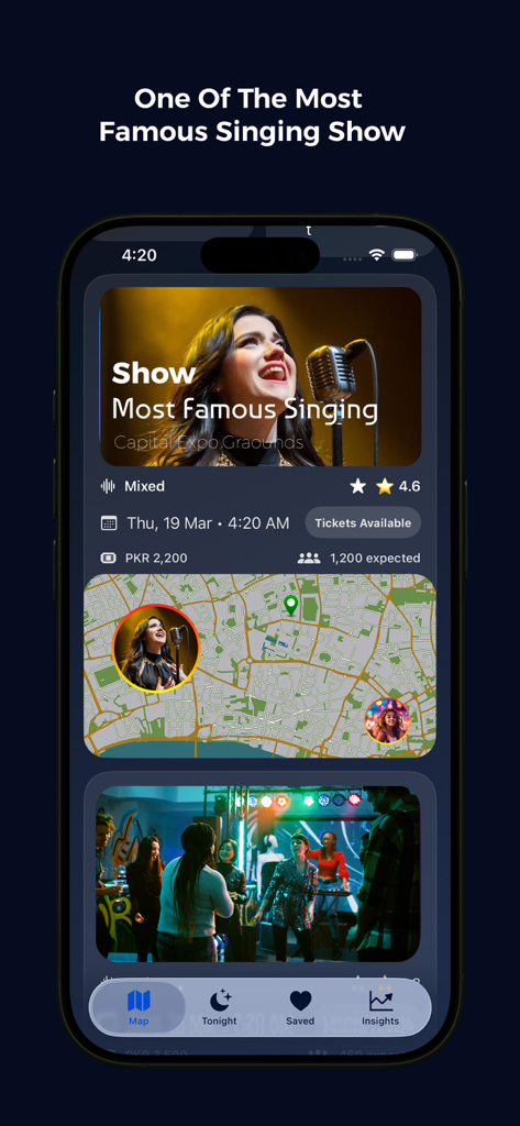 Pulse Planet - Pantalla de la aplicación móvil Pulse Planet mostrando una tarjeta de detalles de evento de canto y un mapa interactivo