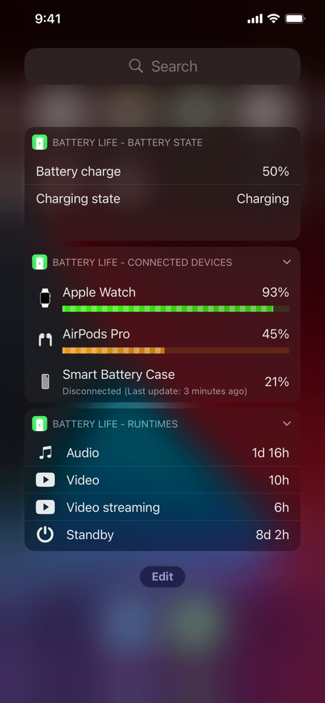iOS widgets displaying battery percentages for iPhone, Apple Watch, and AirPods alongside remaining activity runtimes