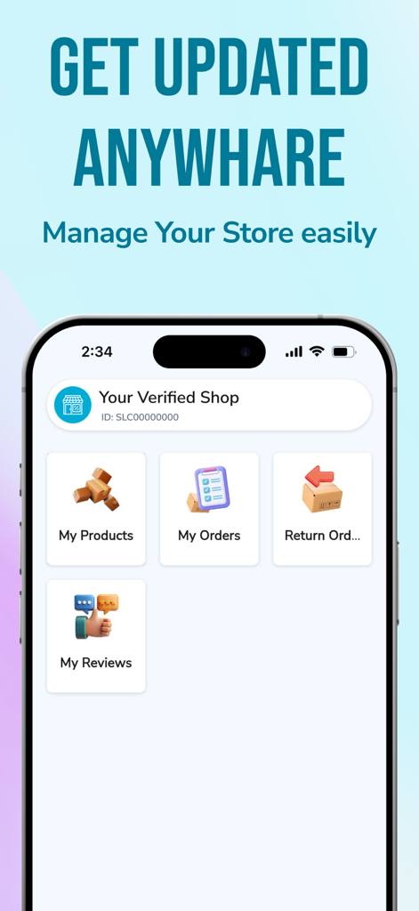 Cartup Seller Center - Mobile dashboard of the Cartup Seller Center app showing icons for managing products and orders
