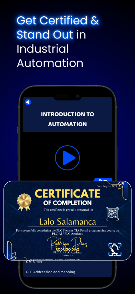 Certificado de finalización de un curso de automatización industrial dentro de la aplicación PLC AI