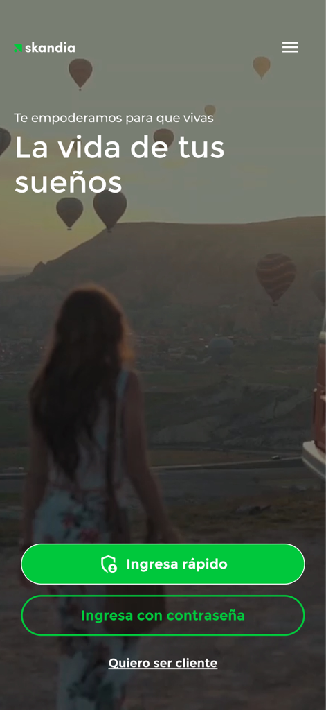 Welcome and login screen of the Skandia Colombia financial planning app