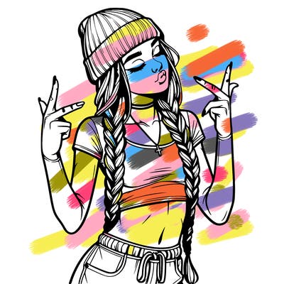 realistic teenage girl with braids and a beanie and crop top doing 🫶🏼