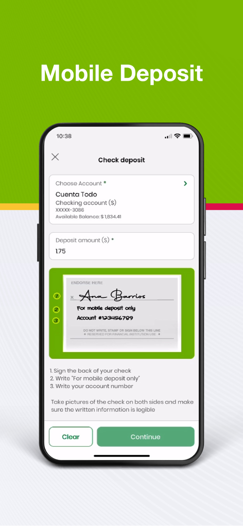 Tela de smartphone mostrando o recurso de depósito de cheque móvel do aplicativo FirstBank com instruções de endosso.