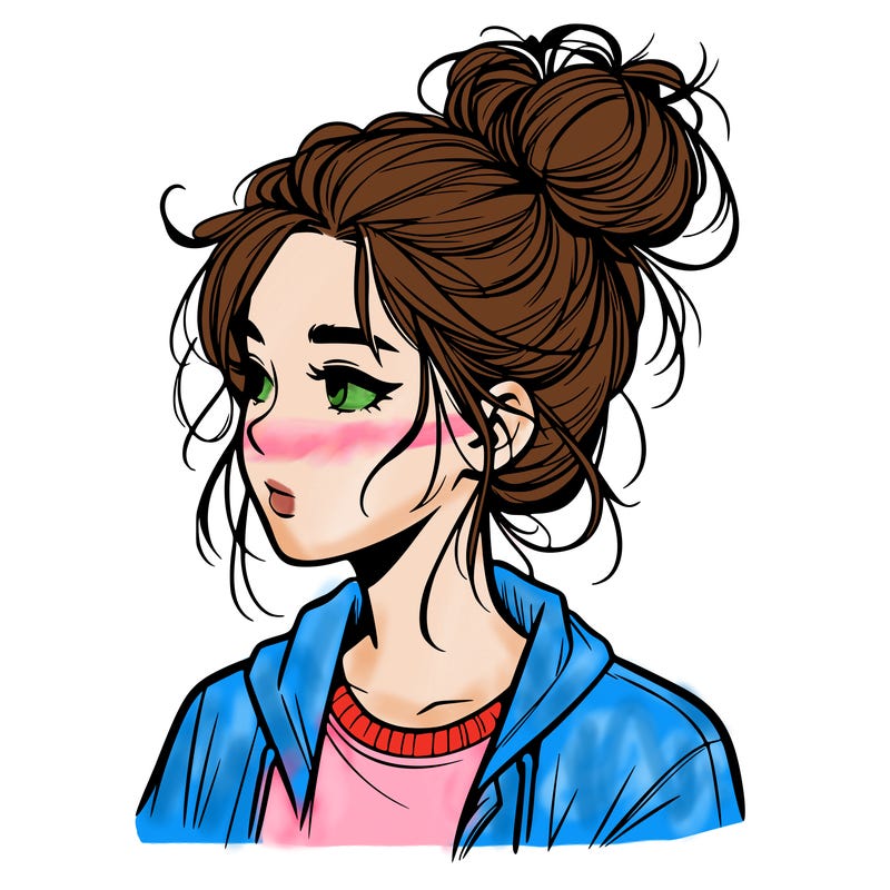 realistic teenage girl with a messy bun