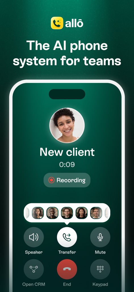 Interfaz de la aplicación de teléfono empresarial con IA de Allo que muestra una llamada activa con funciones de grabación y CRM