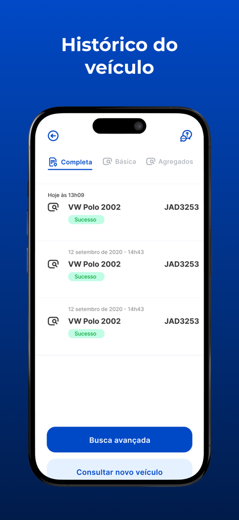 MTix Consulta Veicular - Pantalla de historial del vehículo en la aplicación MTix Consulta Veicular que muestra informes de búsqueda de coches anteriores