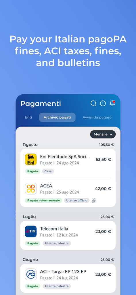 Easypol - PagoPA e Bollo auto - Pantalla móvil que muestra un historial de impuestos italianos pagados y facturas de servicios públicos en el archivo de la aplicación Easypol