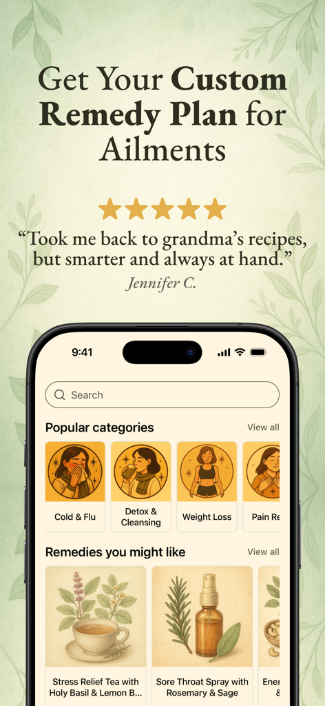 Verda: Home Apothecary - Pantalla de smartphone mostrando la página de inicio de la app Verda con categorías de remedios naturales como Resfriado y Gripe y Desintoxicación