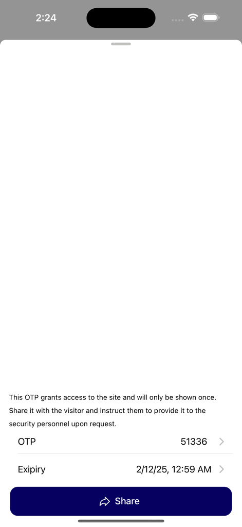 Securiti - Tela do aplicativo Securiti para compartilhar uma senha de uso único com um visitante para acesso à propriedade