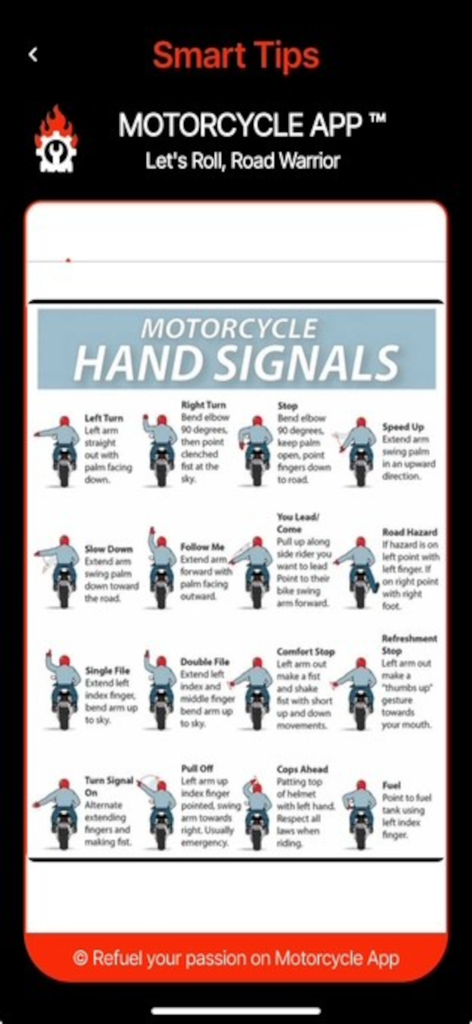 A chart showing various motorcycle hand signals for rider communication and safety.