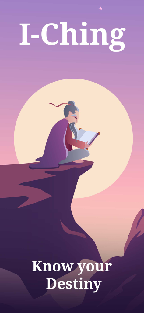 I Ching Fortune Teller - Tela do aplicativo I-Ching com um sábio lendo em um penhasco e o texto Conheça seu Destino