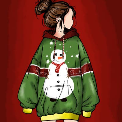 realistic girl with a oversized sweatshirt on and a bun