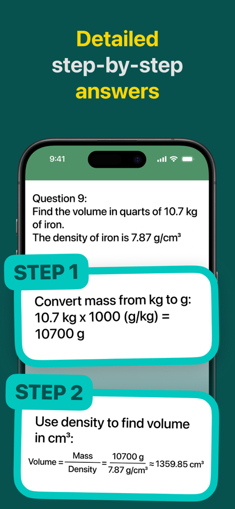 Chem AI - Chemistry Solver - Un écran de téléphone portable montrant des réponses détaillées étape par étape à un problème de densité chimique dans l'application Chem AI.