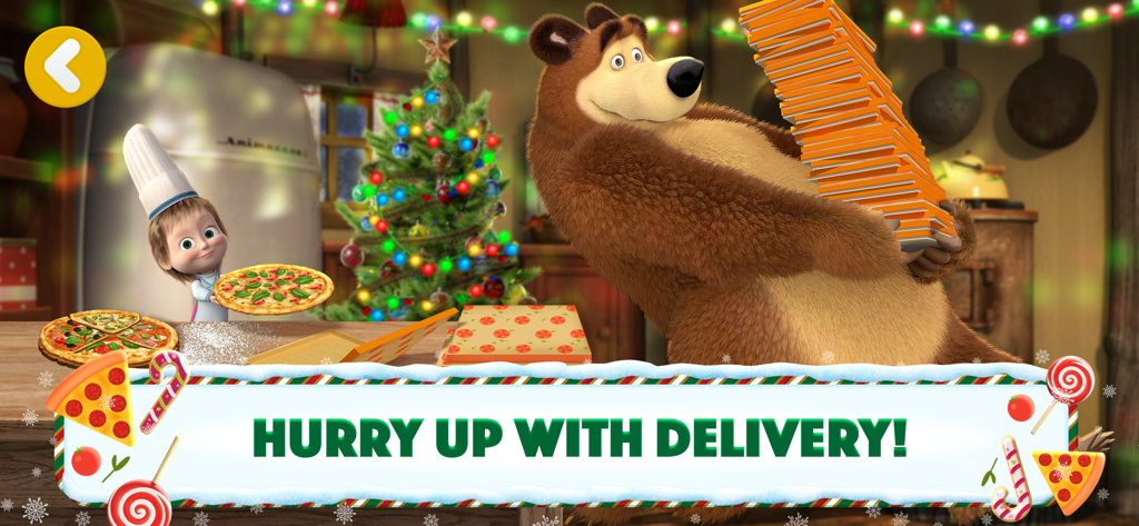 Masha and The Bear: Pizzeria! - Masha in a chef hat and the Bear holding a stack of pizza boxes in a festive kitchen