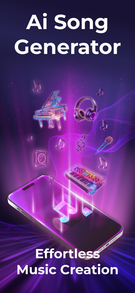 AI Songs: Track Generator - Pantalla de la aplicación AI Song Generator mostrando la creación de música sin esfuerzo con instrumentos musicales flotantes