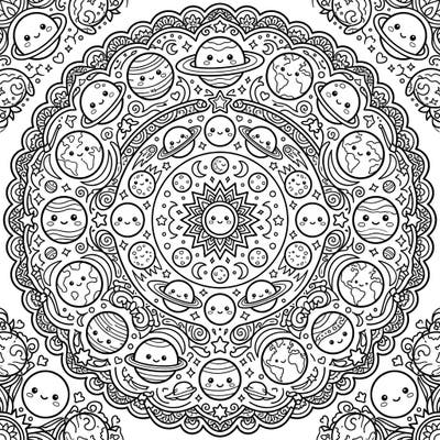 Embark on an interstellar coloring adventure with this charming Kawaii Planets Mandala. Discover a universe of cute celestial bodies waiting for your creative touch.