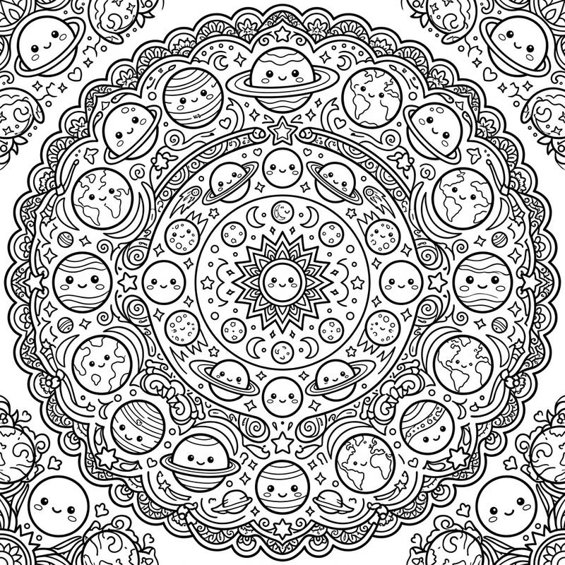 Embark on an interstellar coloring adventure with this charming Kawaii Planets Mandala. Discover a universe of cute celestial bodies waiting for your creative touch.