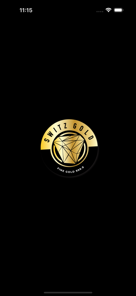 Switz Gold - Tela de introdução do aplicativo Switz Gold com um logotipo circular dourado sobre um fundo preto