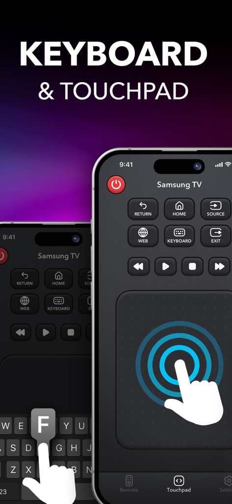 La aplicación Control Remoto Universal TV muestra las interfaces de teclado y panel táctil para la navegación de Smart TV.