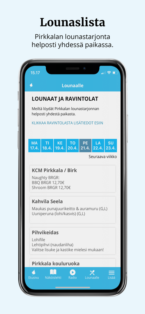 フィンランド、ピルッカラのレストランのランチメニューを表示するモバイルアプリのインターフェース