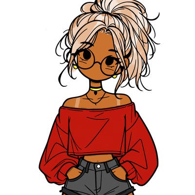 girl with a messy ponytail glasses a baggy crop top and jean shorts
