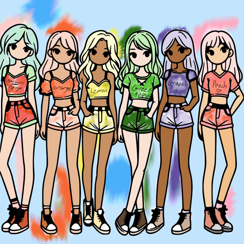 a group of girls wearing crop tops and shorts